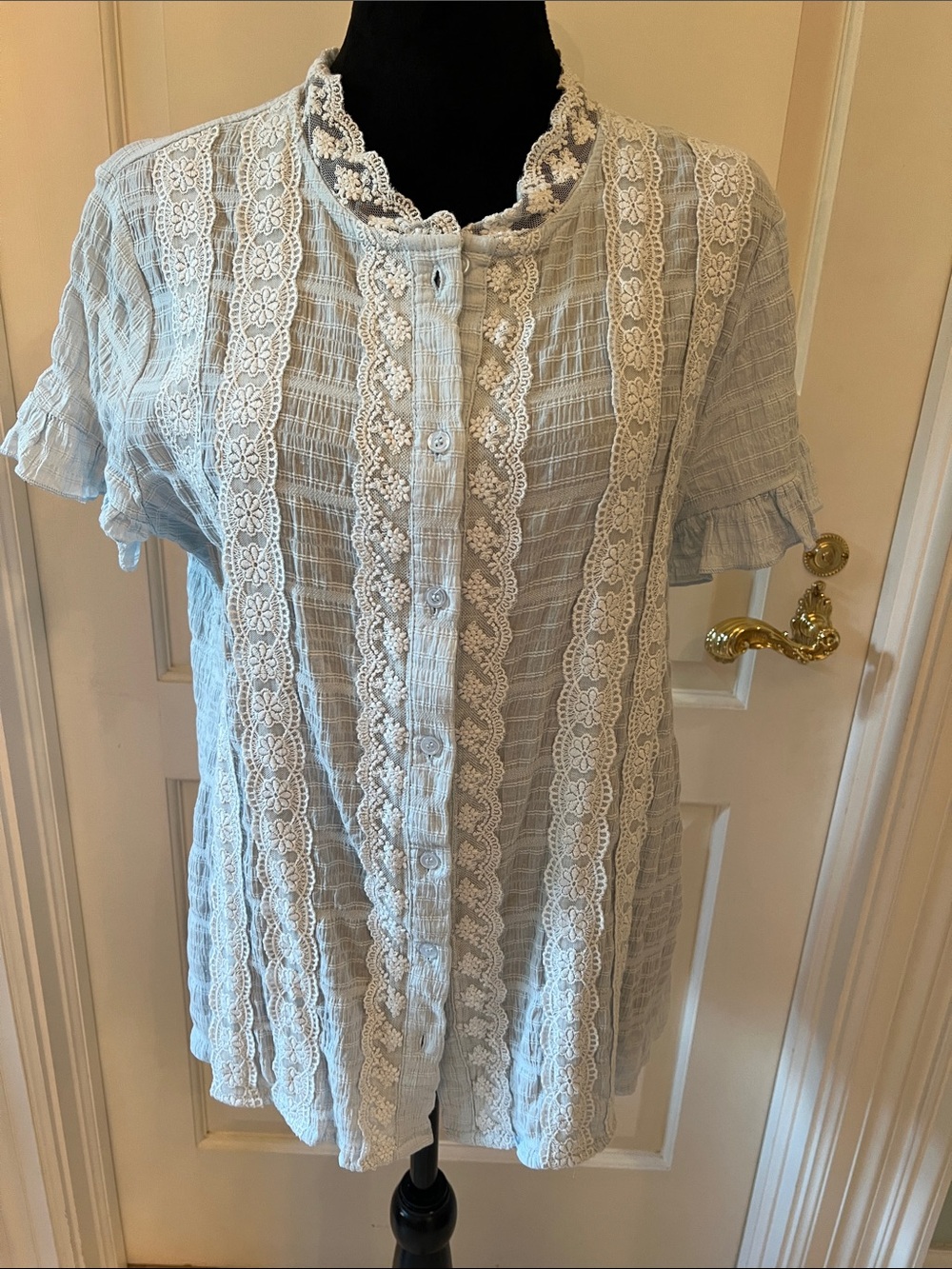 Women's Light Blue Lace-Trim Button Front Top